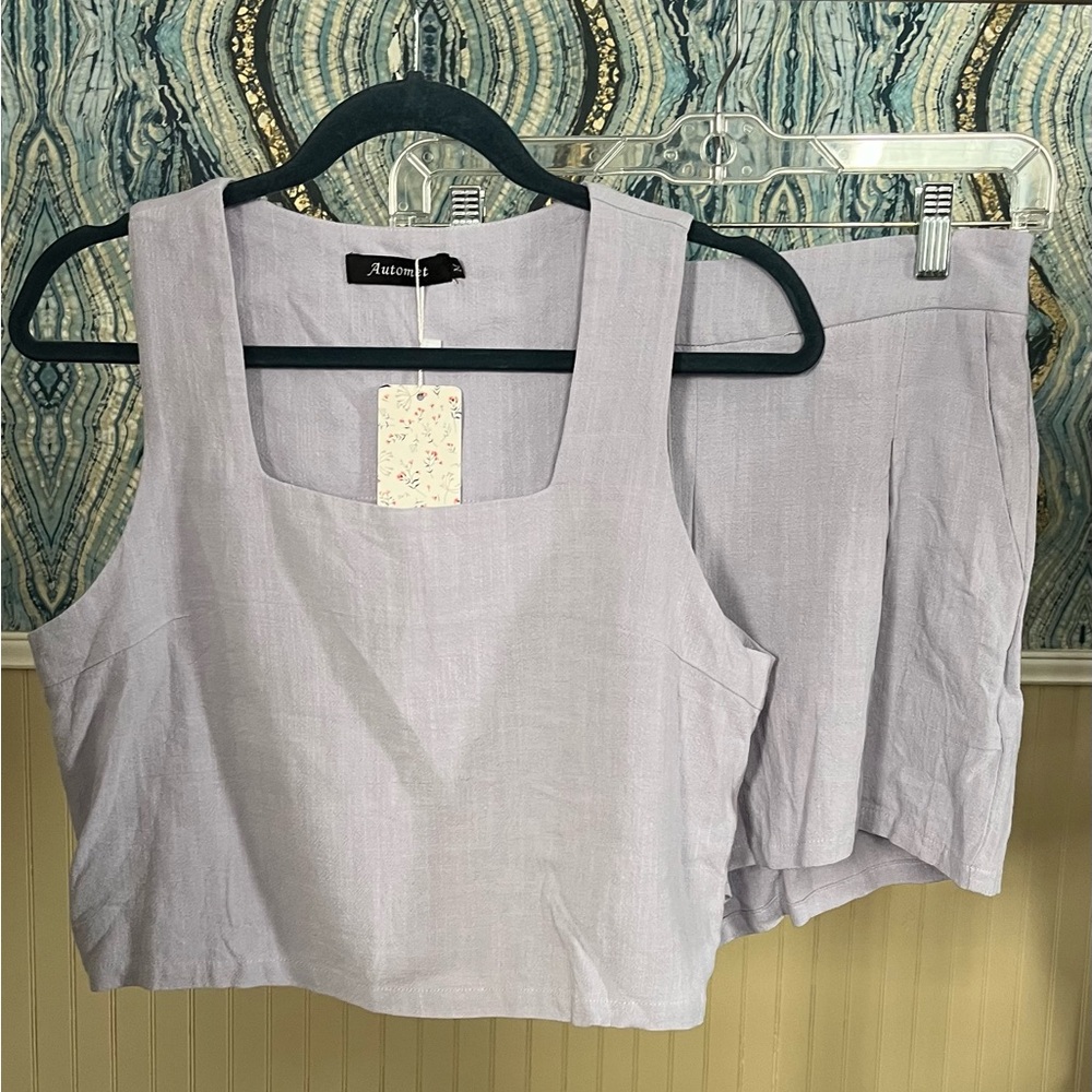 Pale Lavender Square-Neck Linen Tank Top and Shorts
